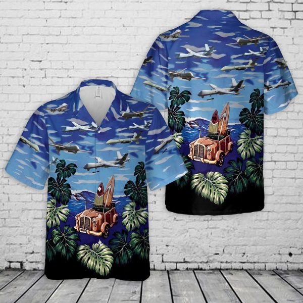 U.S. Air Force MQ-9A Reaper Hawaiian Shirt for Men ? Military Aircraft Design & Tropical Elements, Perfect for Aviation Fans