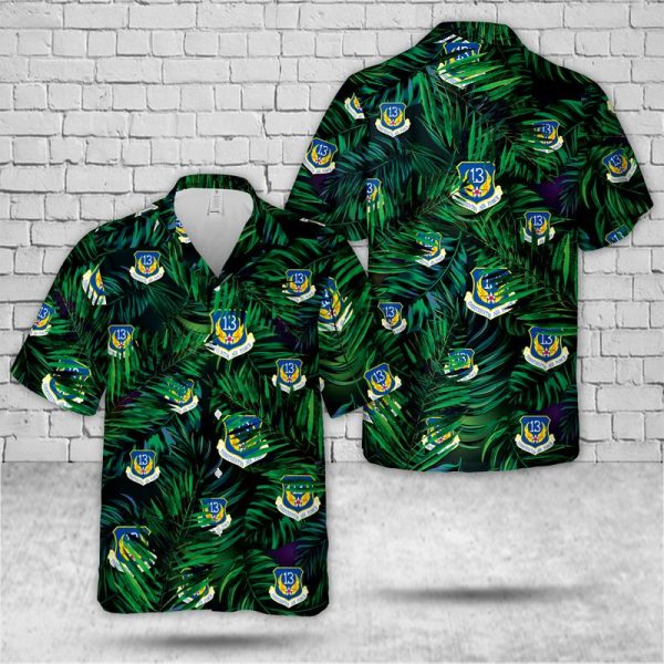 US Air Force Thirteenth Air Force (PACAF) Hawaiian Shirt for Men ? Military Emblem & Tropical Leaf Design, Perfect for Veterans and Air Force Fans