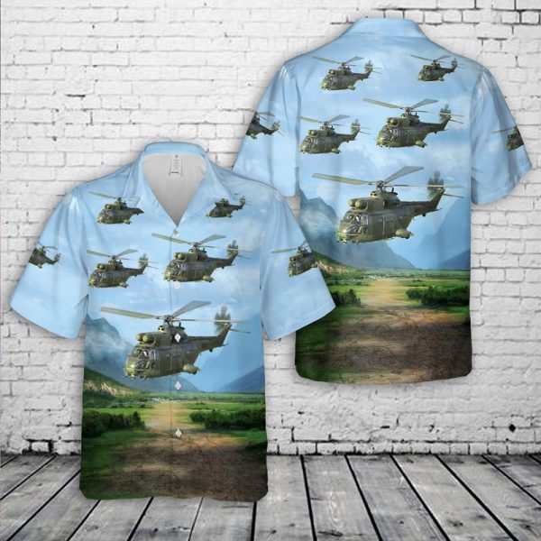 Royal Air Force Puma Helicopter Hawaiian Shirt for Men ? Military Helicopter & Scenic Landscape Design, Perfect for Aviation Fans