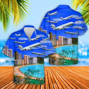 Air Force VC-9C Hawaiian Shirt for Men ? Military Aircraft Design & Tropical Scenery, Perfect for Aviation Fans