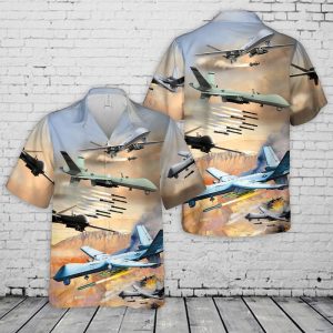 U.S. Air Force MQ-9A Reaper Hawaiian Shirt for Men ? Military Drone & Tropical Beach Scene, Perfect for Aviation Enthusiasts