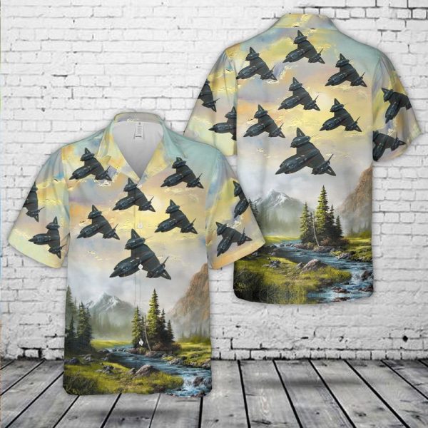 U.S. Air Force YF-12A Hawaiian Shirt for Men ? Military Aircraft Design & Tropical Elements, Perfect for Aviation Fans