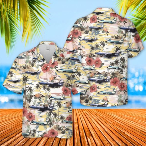 US Air Force Lockheed Jetstar Hawaiian Shirt for Men ? Military Aircraft & Tropical Floral Design, Perfect for Aviation Fans