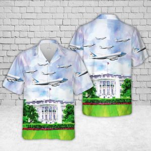 VC-25 Air Force One Hawaiian Shirt for Men ? Military Aircraft Design & Tropical Elements, Perfect for Aviation Fans