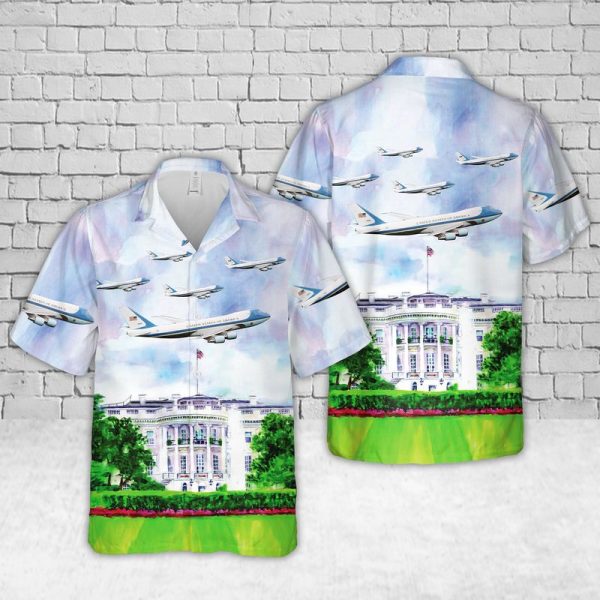 VC-25 Air Force One Hawaiian Shirt for Men ? Military Aircraft Design & Tropical Elements, Perfect for Aviation Fans