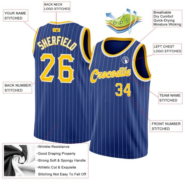Royal White Pinstripe Gold-White Authentic Personalized Basketball Jersey - Image 2