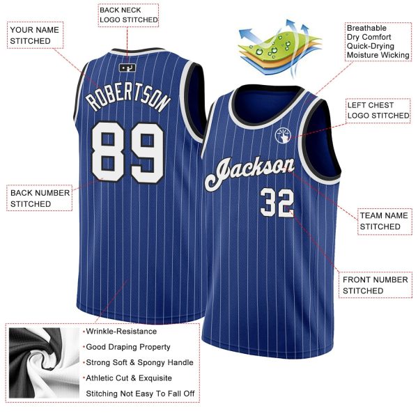 Royal White Pinstripe White-Black Authentic Personalized Basketball Jersey - Image 2