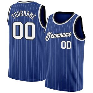 Royal White Pinstripe White-Black Authentic Personalized Basketball Jersey