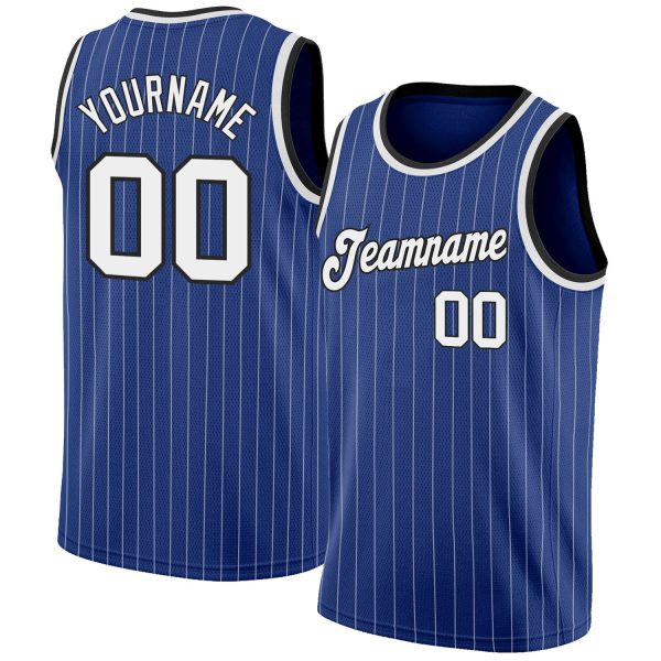 Royal White Pinstripe White-Black Authentic Personalized Basketball Jersey