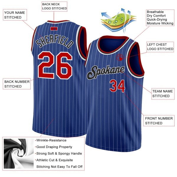 Royal White Pinstripe Red-Black Authentic Personalized Basketball Jersey - Image 2