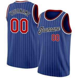 Royal White Pinstripe Red-Black Authentic Personalized Basketball Jersey