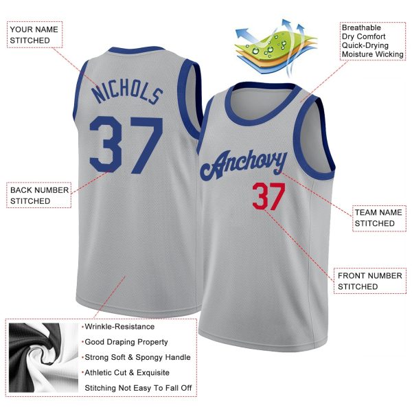 Gray Royal-Red Round Neck Rib-Knit Personalized Basketball Jersey - Image 2