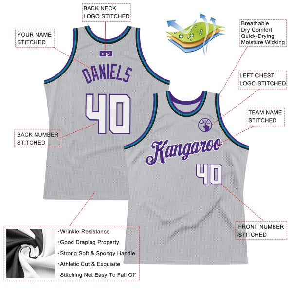 Gray White-Purple Authentic Throwback Personalized Basketball Jersey - Image 2