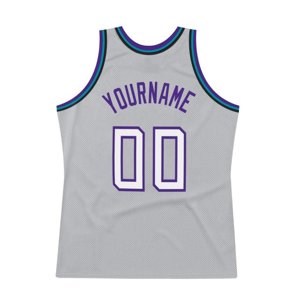 Gray White-Purple Authentic Throwback Personalized Basketball Jersey - Image 6