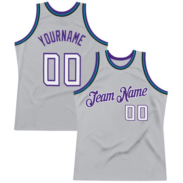 Gray White-Purple Authentic Throwback Personalized Basketball Jersey