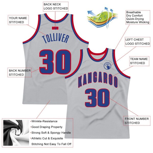Gray Royal-Red Authentic Throwback Personalized Basketball Jersey - Image 2