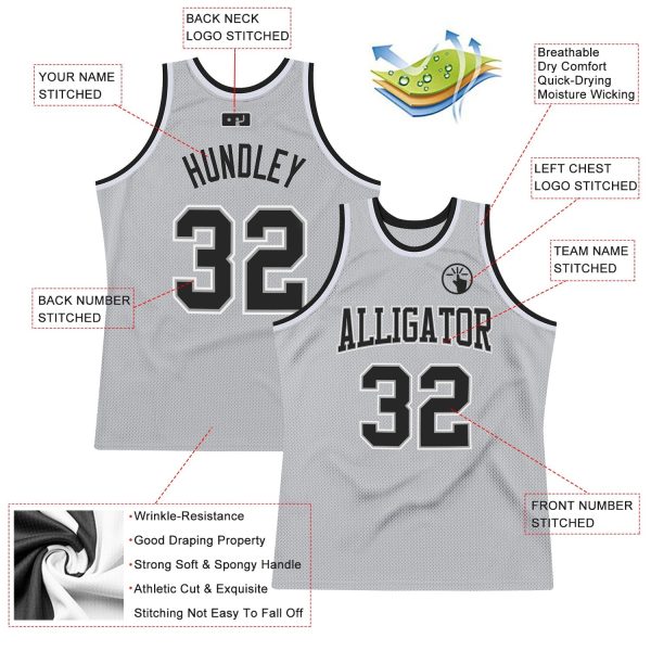 Gray Black-White Authentic Throwback Personalized Basketball Jersey - Image 2