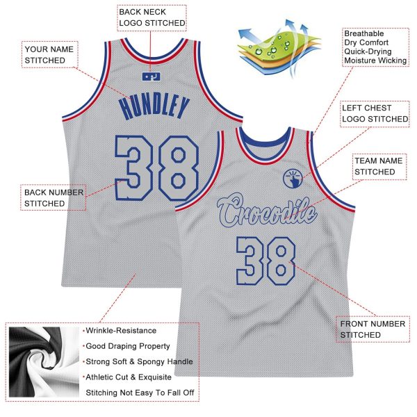 Gray Gray-Royal Authentic Throwback Personalized Basketball Jersey - Image 2