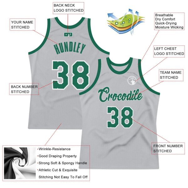 Gray Kelly Green-White Authentic Throwback Personalized Basketball Jersey - Image 2