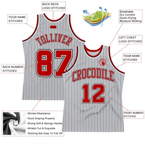 Gray Black Pinstripe Red-White Authentic Personalized Basketball Jersey - Image 2