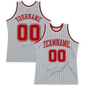 Gray Black Pinstripe Red-White Authentic Personalized Basketball Jersey
