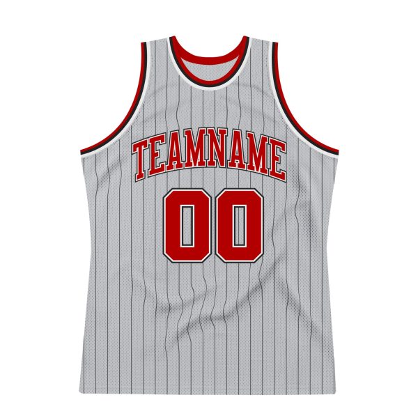 Gray Black Pinstripe Red-White Authentic Personalized Basketball Jersey - Image 5