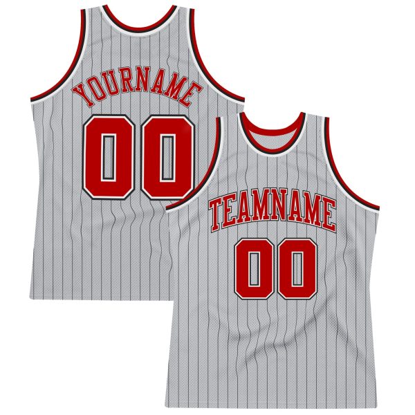 Gray Black Pinstripe Red-White Authentic Personalized Basketball Jersey