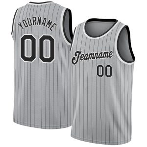 Gray Black Pinstripe Black-White Authentic Personalized Basketball Jersey