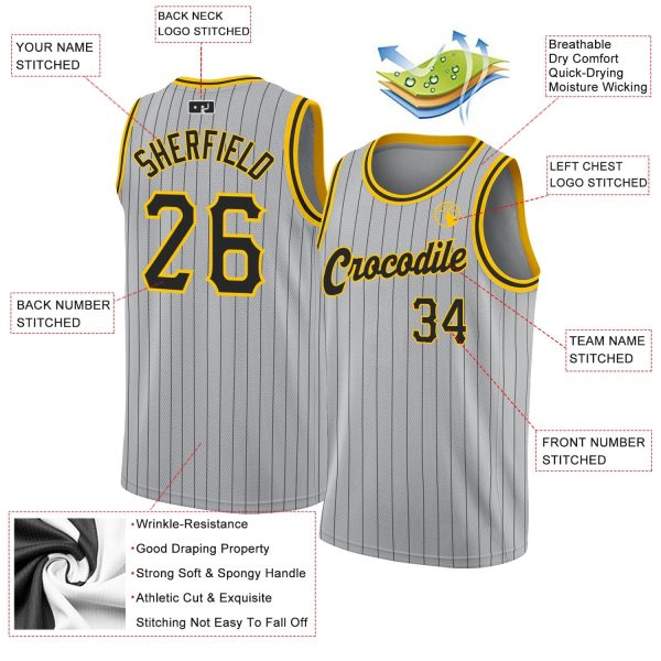 Gray Black Pinstripe Black-Gold Authentic Personalized Basketball Jersey - Image 2