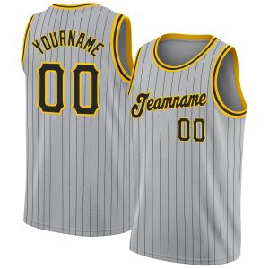 Gray Black Pinstripe Black-Gold Authentic Personalized Basketball Jersey