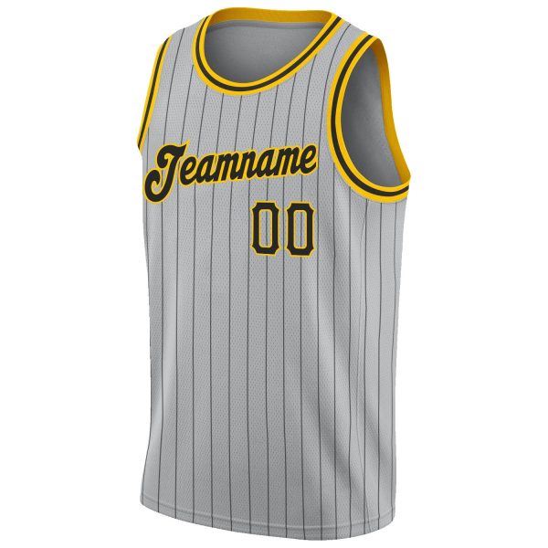 Gray Black Pinstripe Black-Gold Authentic Personalized Basketball Jersey - Image 5