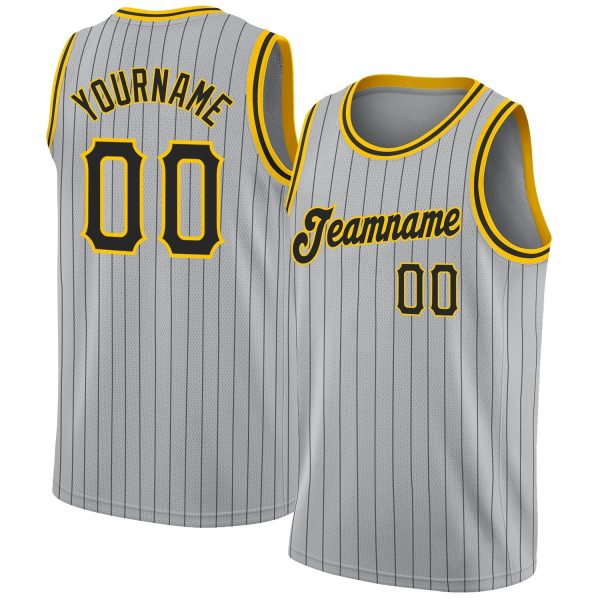 Gray Black Pinstripe Black-Gold Authentic Personalized Basketball Jersey
