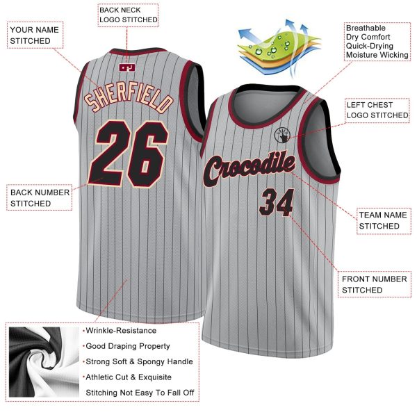Gray Black Pinstripe Black-Maroon Authentic Personalized Basketball Jersey - Image 2