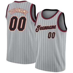 Gray Black Pinstripe Black-Maroon Authentic Personalized Basketball Jersey