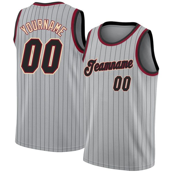 Gray Black Pinstripe Black-Maroon Authentic Personalized Basketball Jersey