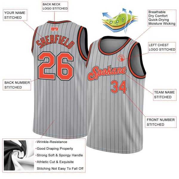 Gray Black Pinstripe Orange-Black Authentic Personalized Basketball Jersey - Image 2
