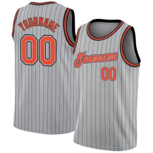 Gray Black Pinstripe Orange-Black Authentic Personalized Basketball Jersey