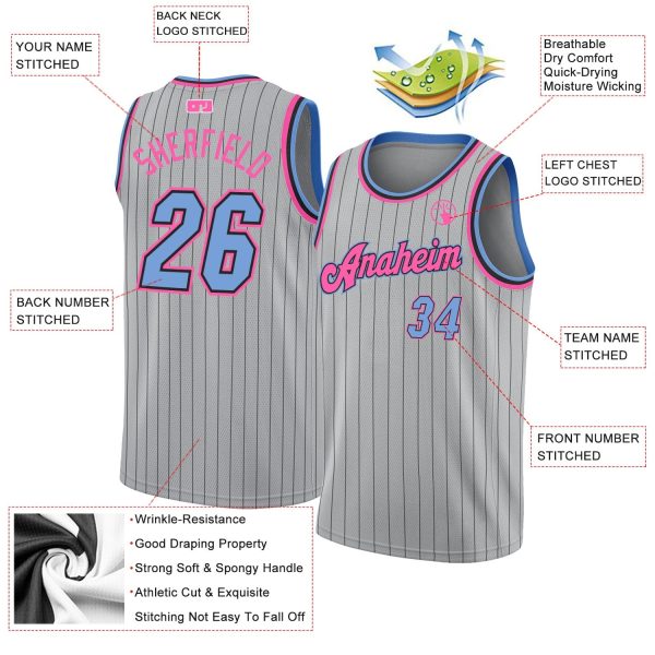 Gray Black Pinstripe Light Blue-Pink Authentic Personalized Basketball Jersey - Image 2