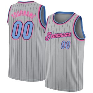 Gray Black Pinstripe Light Blue-Pink Authentic Personalized Basketball Jersey