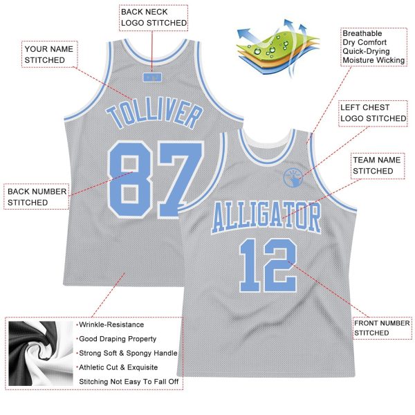 Gray Light Blue-White Authentic Throwback Personalized Basketball Jersey - Image 2