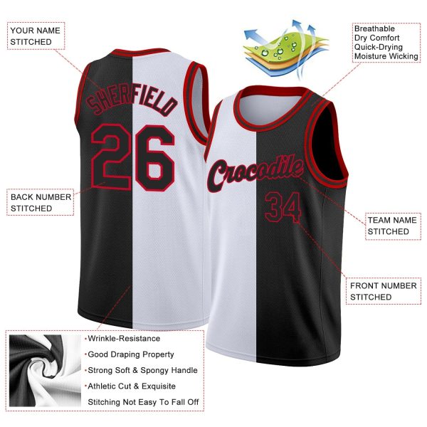 White Black-Red Authentic Split Fashion Personalized Basketball Jersey - Image 2