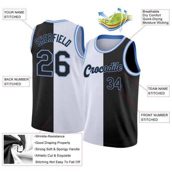 White Black-Light Blue Authentic Split Fashion Personalized Basketball Jersey - Image 2