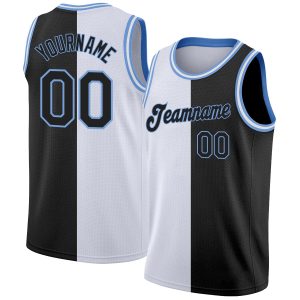 White Black-Light Blue Authentic Split Fashion Personalized Basketball Jersey