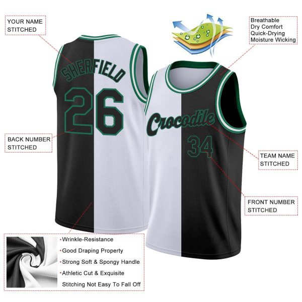 White Black-Kelly Green Authentic Split Fashion Personalized Basketball Jersey - Image 2