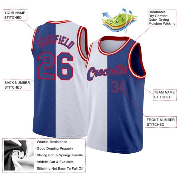 White Royal-Red Authentic Split Fashion Personalized Basketball Jersey - Image 2