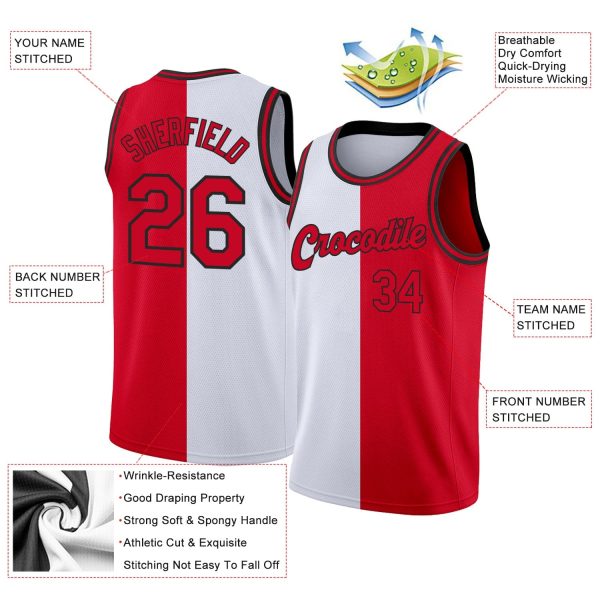 White Red-Black Authentic Split Fashion Personalized Basketball Jersey - Image 2