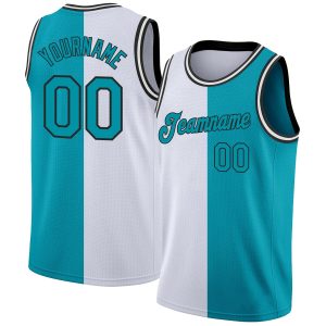 White Teal-Black Authentic Split Fashion Personalized Basketball Jersey