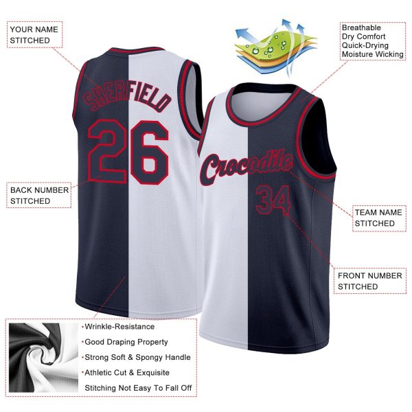 White Navy-Red Authentic Split Fashion Personalized Basketball Jersey - Image 2