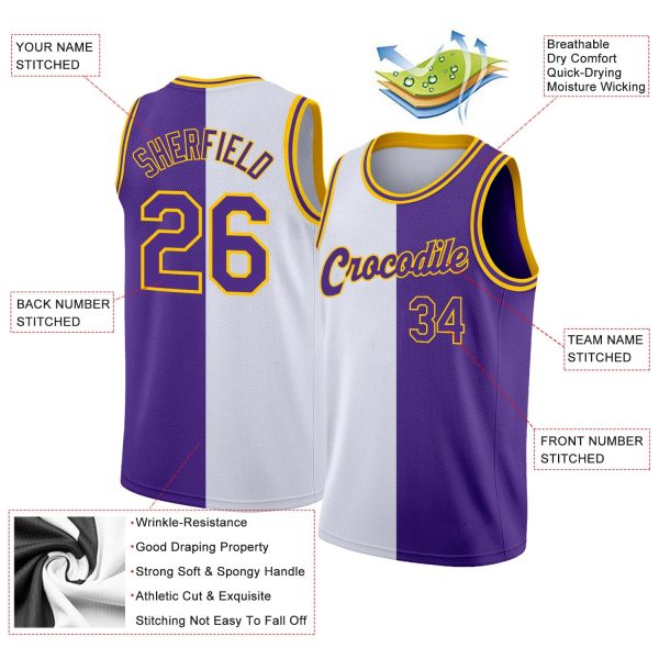 White Purple-Gold Authentic Split Fashion Personalized Basketball Jersey - Image 2