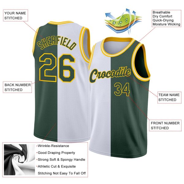 White Hunter Green-Gold Authentic Split Fashion Personalized Basketball Jersey - Image 2